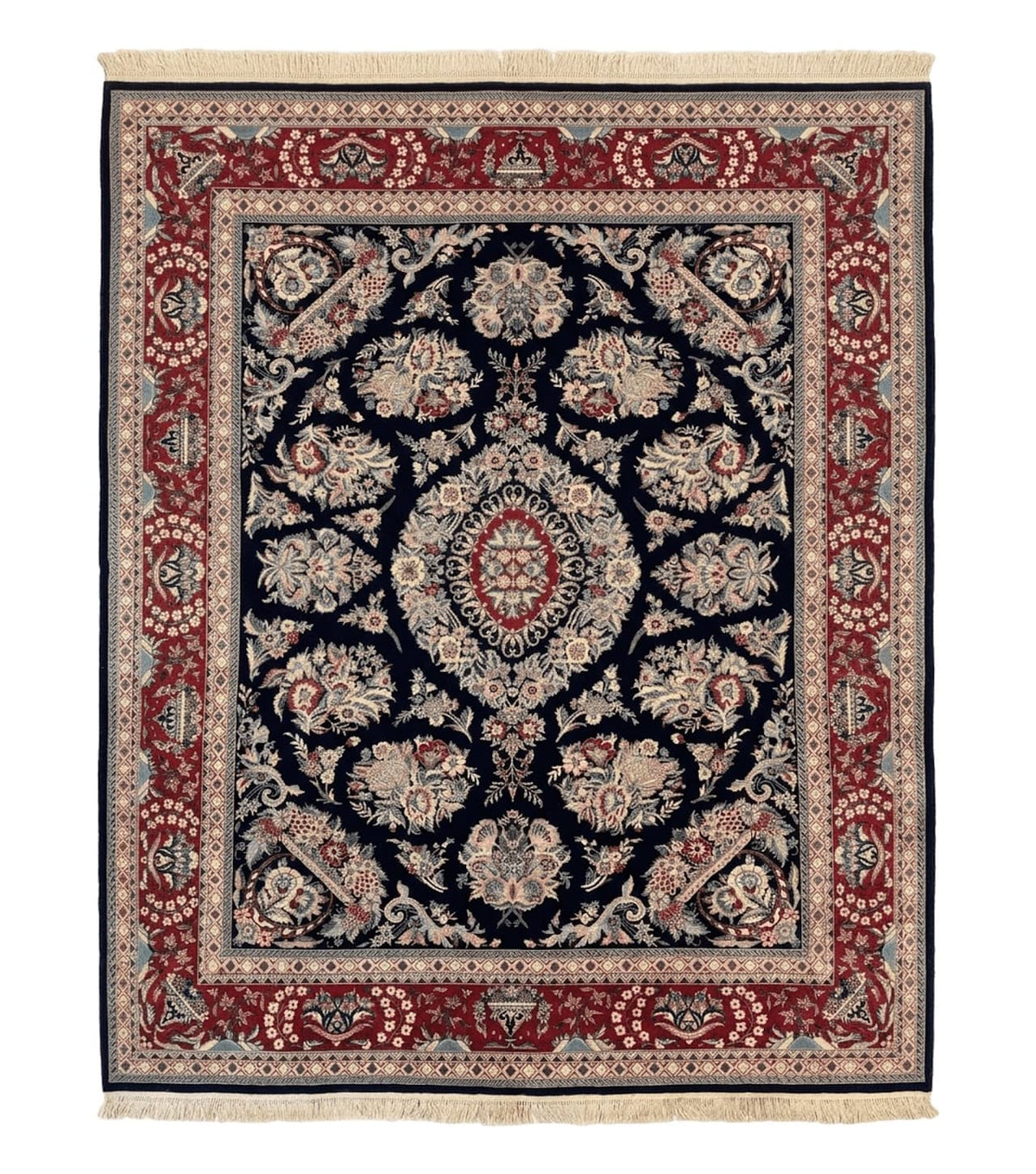 Sino Persian Rug 8x10, Floral Kirman Carpet, Navy Blue and Red, Floral Vases, Handmade Vintage Wool Carpet, 320 KPSI - Jewel Rugs