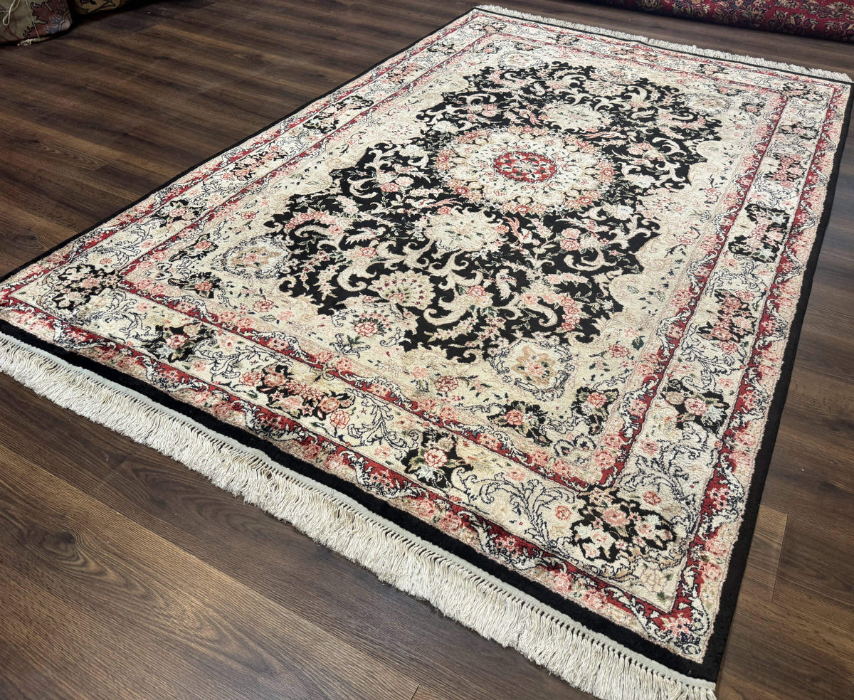 Indian Kashmiri Silk Rug, Floral Medallion, Vintage Hand Knotted Carpet - Jewel Rugs, view 2