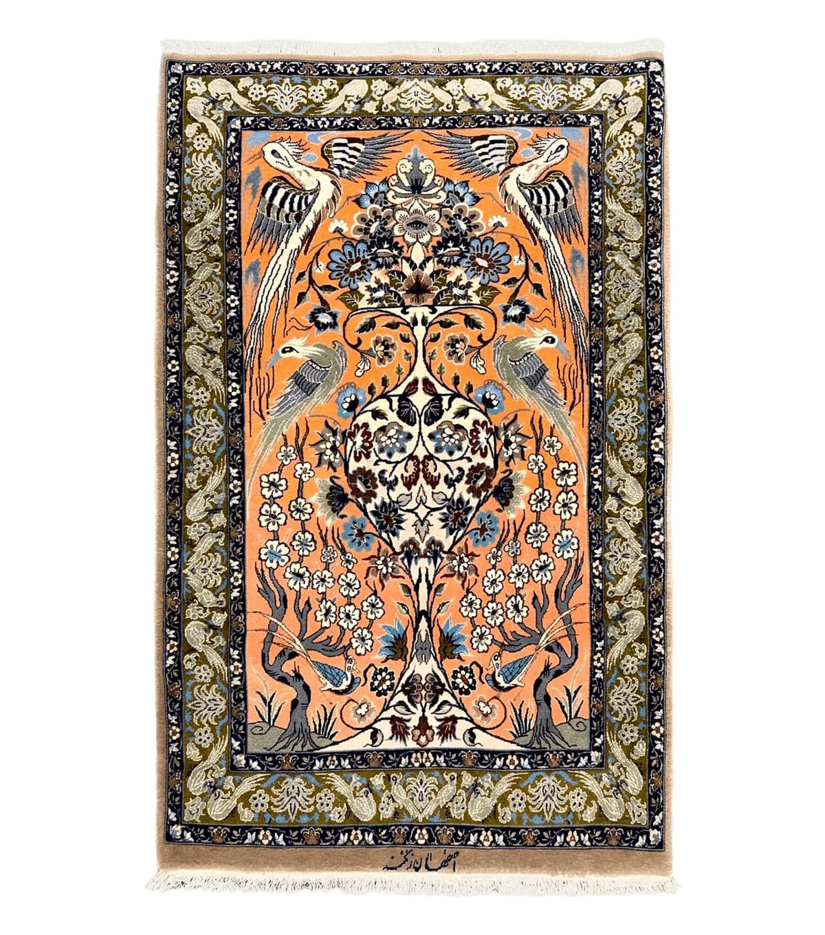 Very Fine Small Persian Isfahan Rug 2.6 x 4, Kork Wool on Silk Hand-Knotted Vintage Animal Pictorials Birds Vase, Signature Masterweaver, Orange - Jewel Rugs