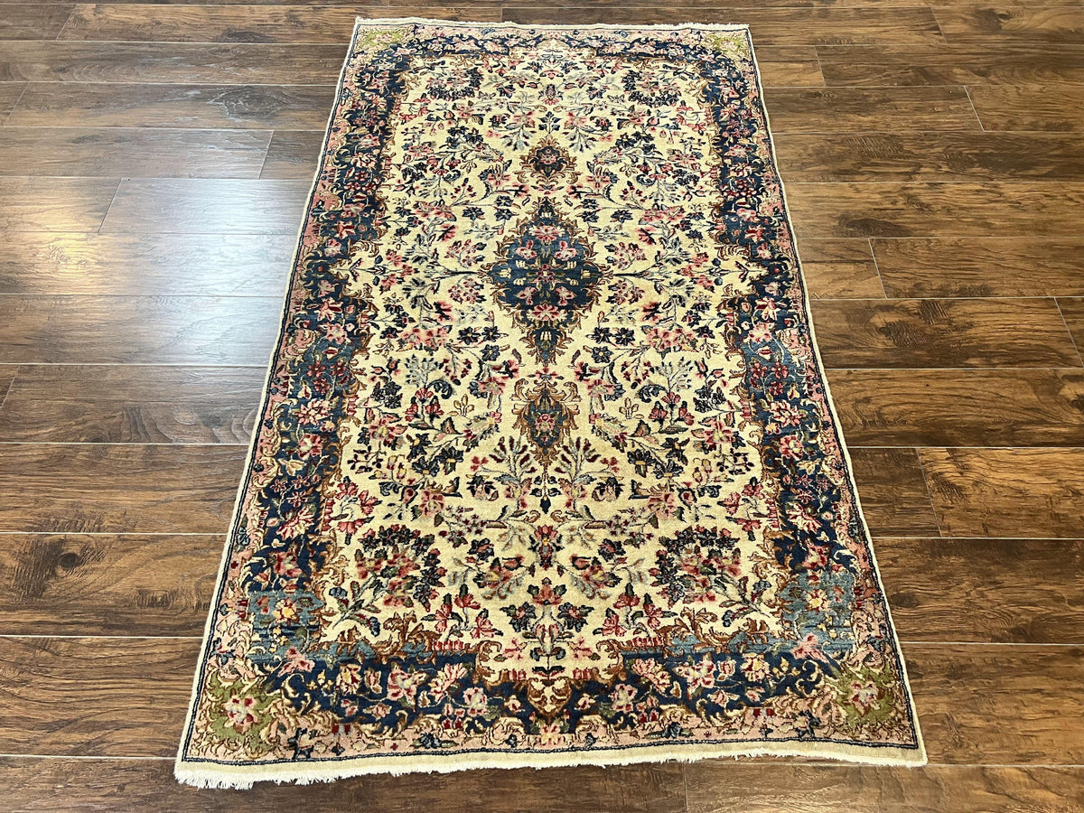Antique Persian Kirman Rug 4x7, Cream and Navy Blue, Hand Knotted Wool Floral Carpet - Jewel Rugs, view 2