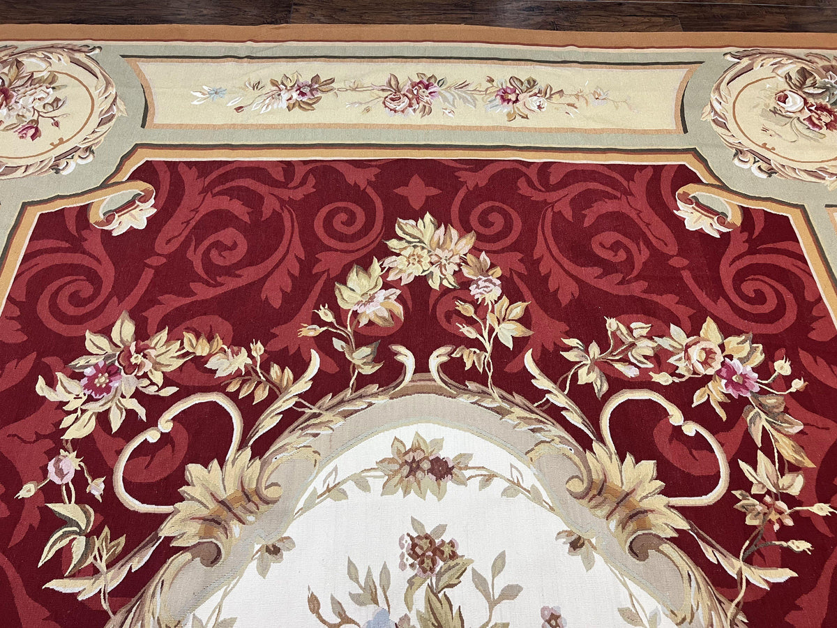Large Aubusson Rug 10x14, Wool Handmade Vintage Carpet, Dark Red Ivory Tan, French European Elegant Aubusson Weave Rug - Jewel Rugs, view 4