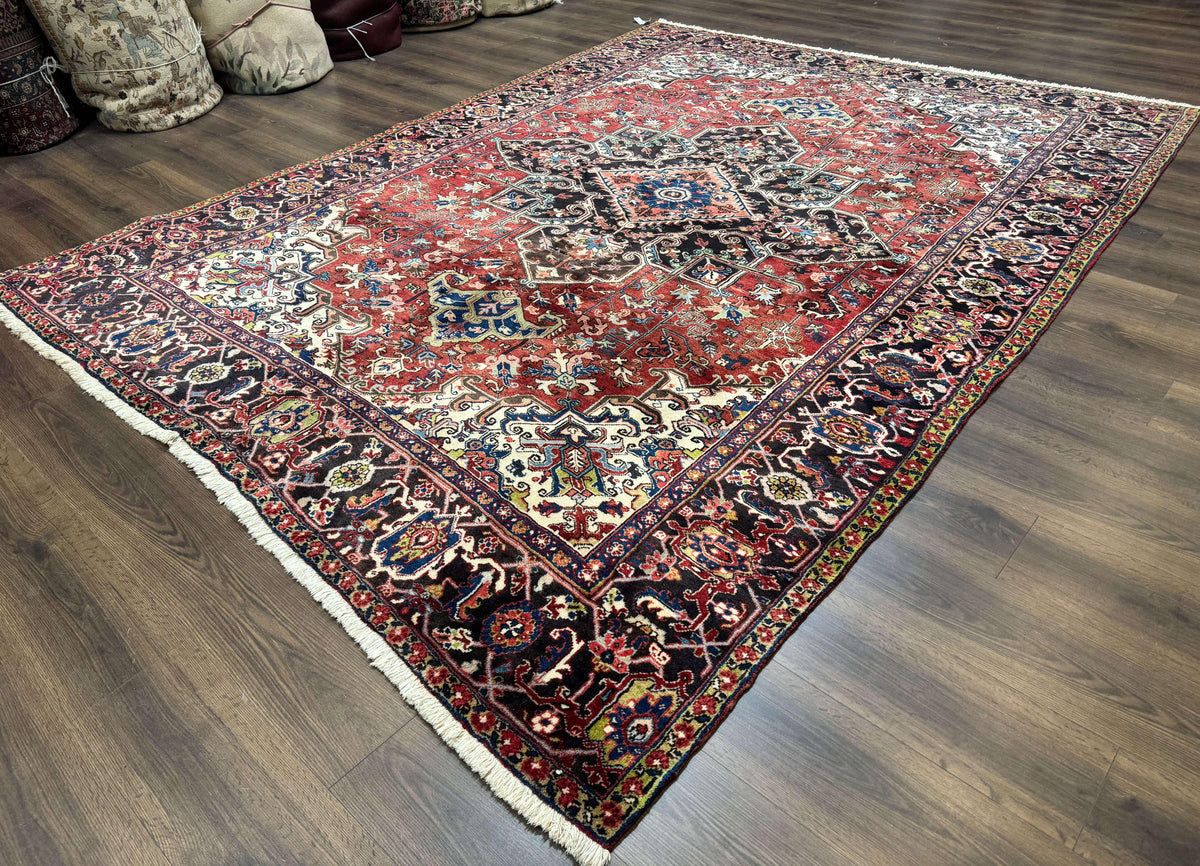 Antique Persian Heriz Rug 8x11, Geometric Tribal Wool Carpet, Brick Red - Jewel Rugs, view 3