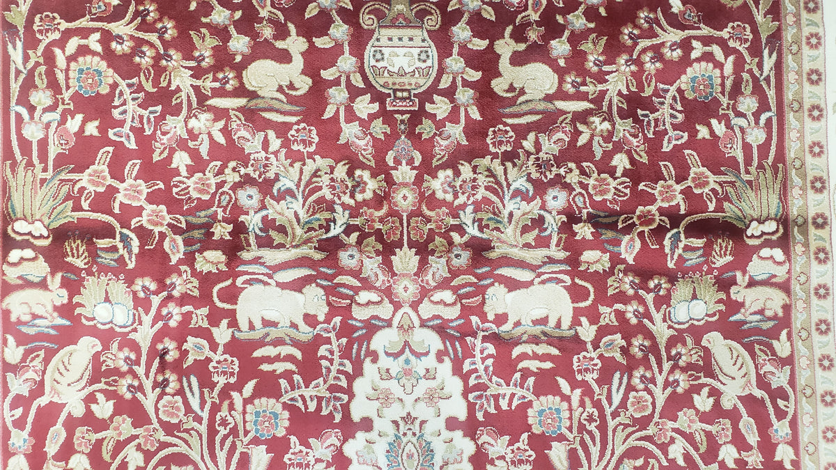 Silk Carpet 4x6 Dark Red & Cream, Tree of Life Rug, Animal Motifs, Birds Deer Rabbits, All Bamboo Silk, 4 x 6 Silk Area Rug - Jewel Rugs, view 6