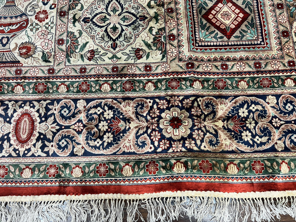 Silk Sino Persian Rug 9x12, Panel Design, Garden of Eden Pattern, Fine 200 KPSI, Hand Knotted Room Sized Silk Carpet, Vintage - Jewel Rugs, view 6