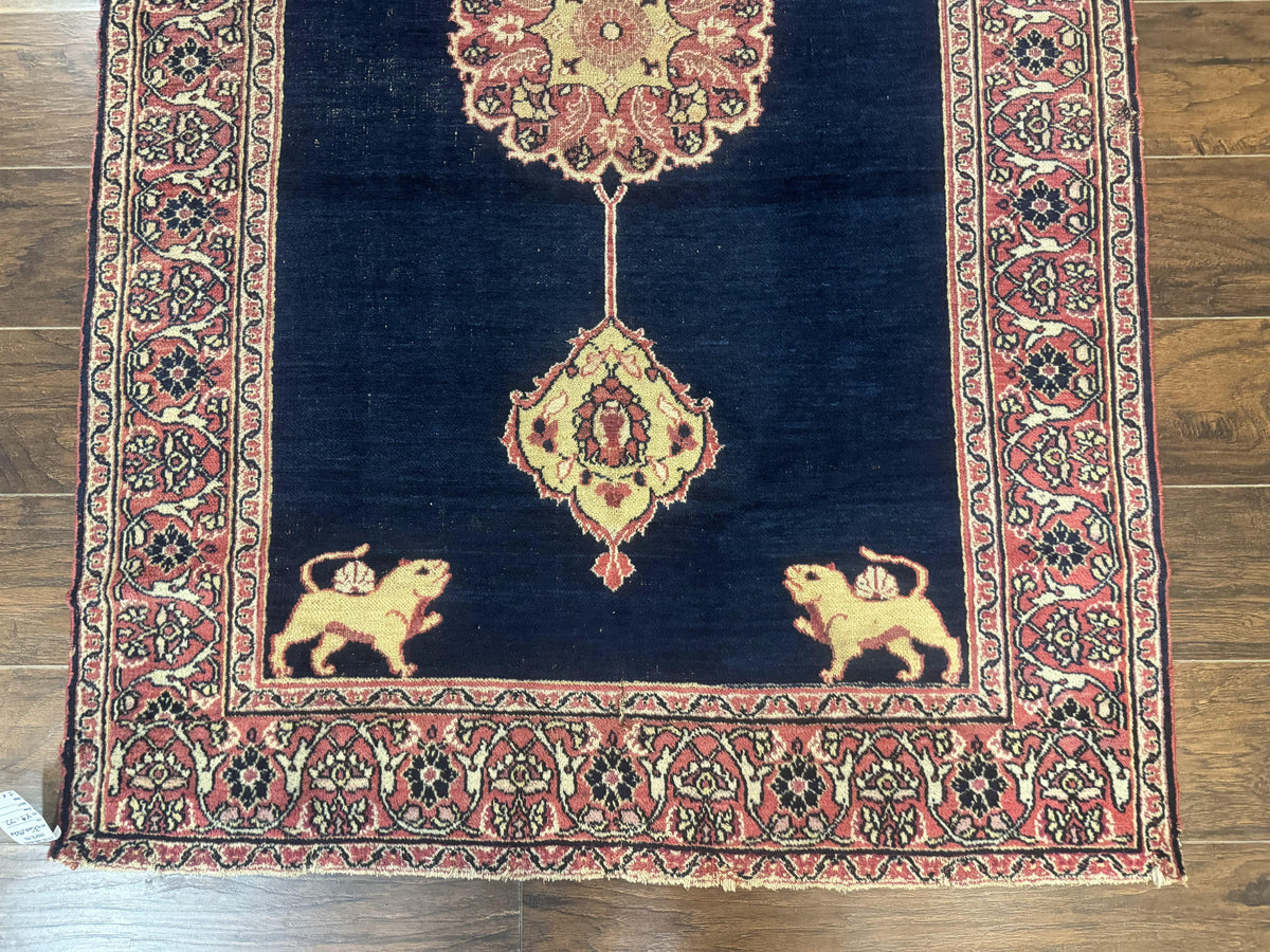 Antique Persian Mashad Rug 4x6, Semi Open Field, Navy Blue, Lion Pictorials, Triple Medallion, Dorokhsh Rug - Jewel Rugs, view 6