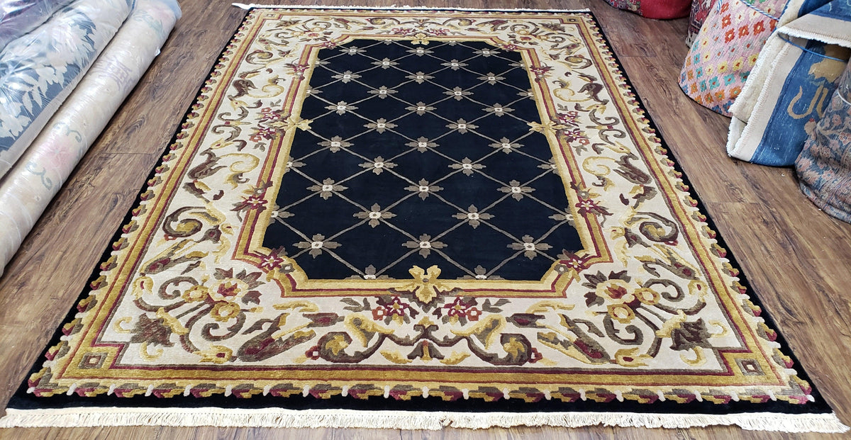 Nepal Rug 6x9, New Aubusson Nepalese Tibetan Carpet 6'1" x 8' 8", Hand-Knotted Wool, Unused, Black & Cream, Savonnerie Pattern, Soft Pile - Jewel Rugs, view 2