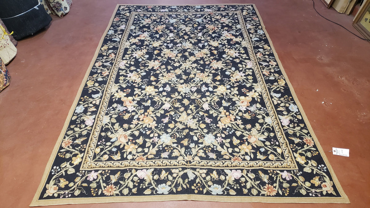 6x9 Vintage Needlepoint Rug, Petitepoint Carpet, Butterflies Floral Design - Jewel Rugs, view 2