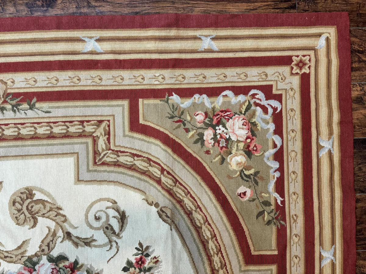 Aubusson Needlepoint Rug 9x11, Handmade Vintage Wool Flatweave Carpet, Elegant European Rug, Floral, Cream - Jewel Rugs, view 8