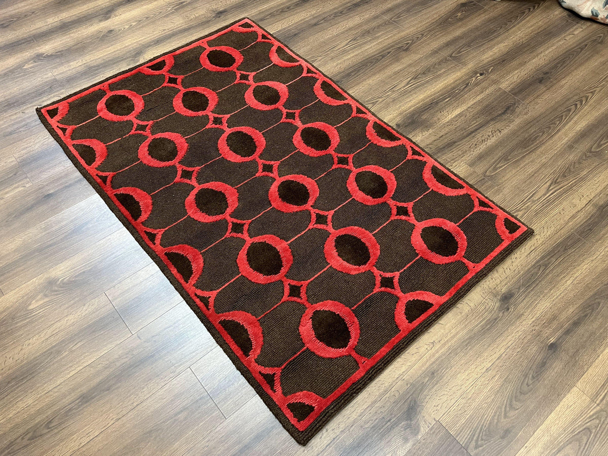 Modern Tibetan Rug 3.8 x 5.7, Raspberry Red and Dark Brown, Abstract Circle Design, Hand Knotted, Soft Wool Handmade Tibet Nepali Carpet 4x6 - Jewel Rugs, view 13
