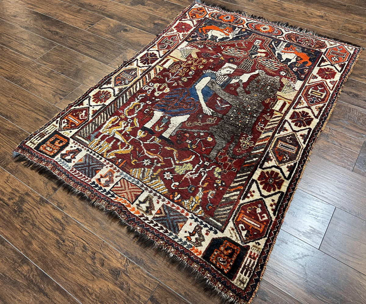 Antique Persian Shiraz Pictorial Rug 3.6 x 5, Persian Tribal Rug, Handmade, Lions, Highly Unique Collectible Small Persian Carpet, Maroon, Wool - Jewel Rugs, view 3