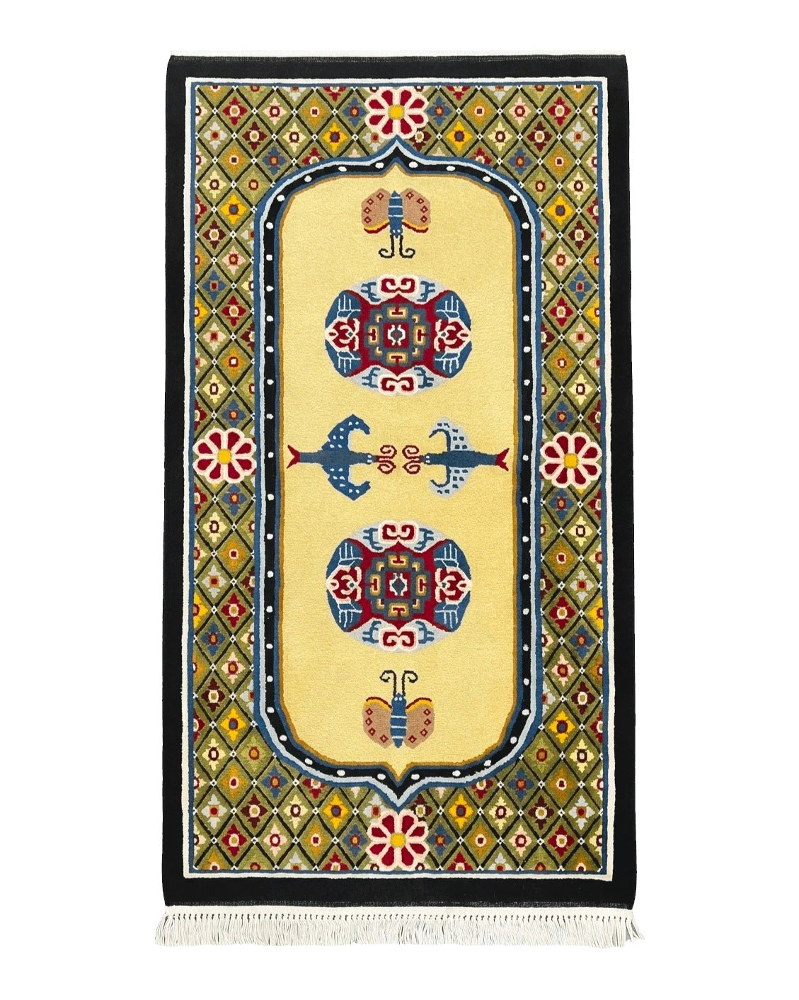 Chinese Rug 3x6 ft, Chinese Wool Rug, Tiensin Rug, Handmade Wool 3 x 6 Vintage Peking Rug, Art Deco Rug, Butterflies - Jewel Rugs