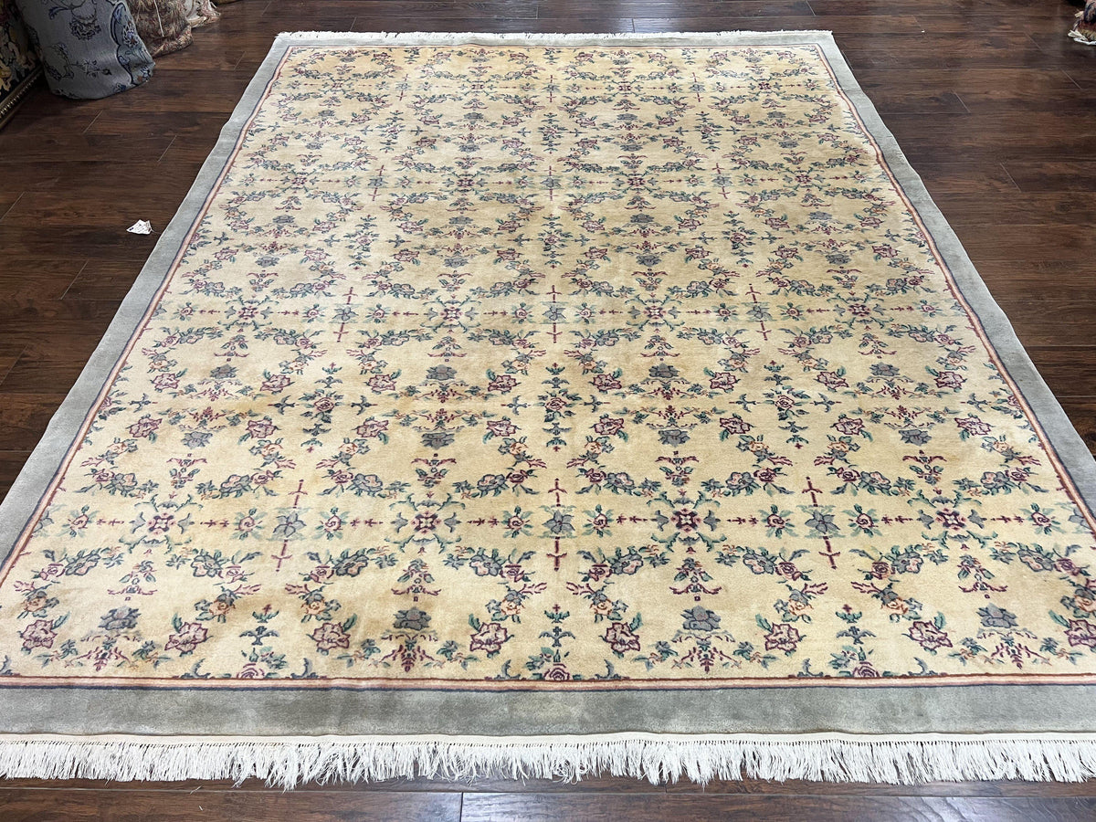Sino Persian Rug 8x10, Floral, Oatmeal and Light Teal, Handmade Wool Vintage Carpet - Jewel Rugs, view 13