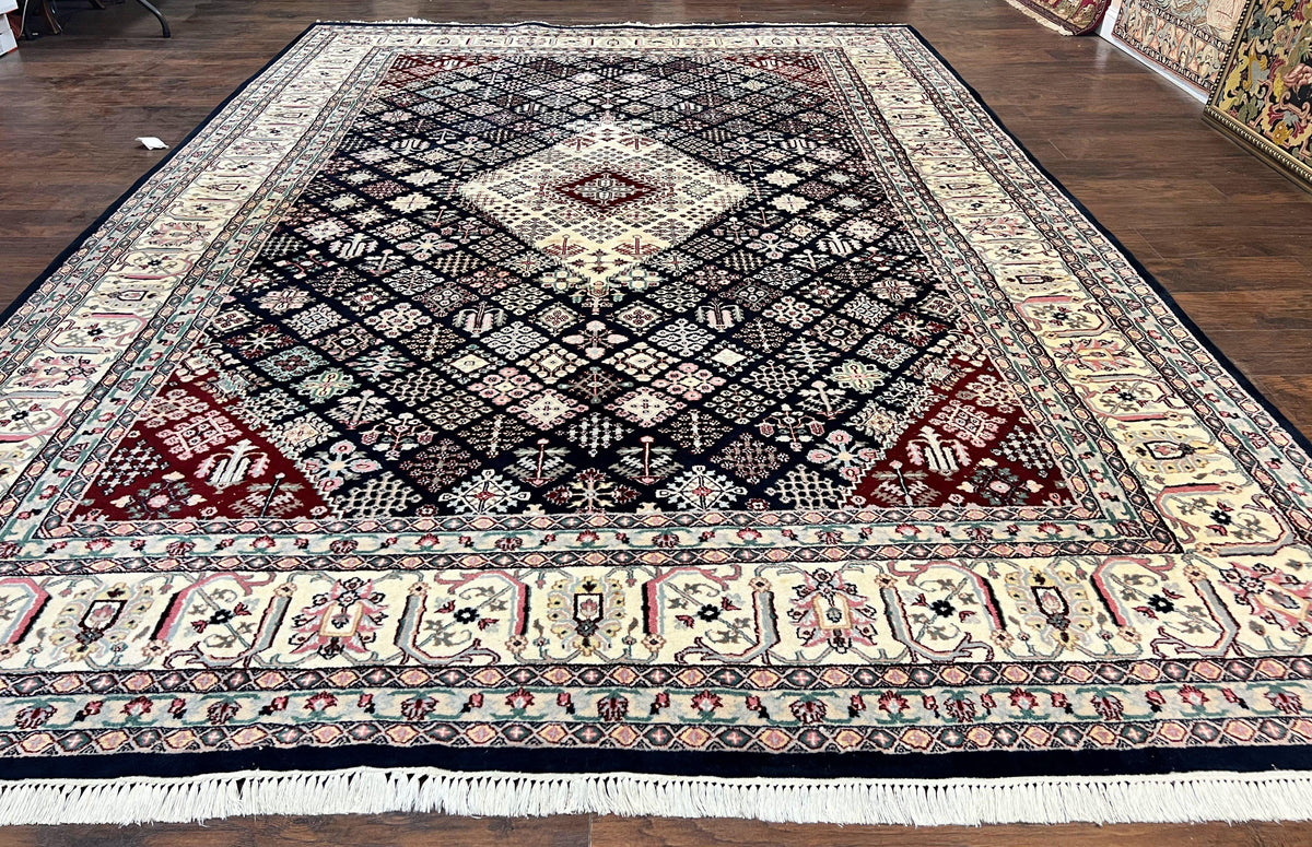 Indo Persian Rug 10x14, Large Wool Hand Knotted Vintage Carpet, Navy Blue & Ivory, 10 x 14 Room Sized Traditional Oriental Rug - Jewel Rugs