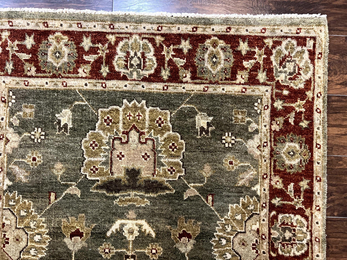 Indo Oushak Rug 4x6, Green and Maroon, Vintage Wool Floral Rug, Indian Agra Rug - Jewel Rugs, view 8