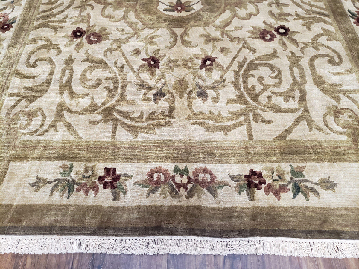 Vintage Nepali Tibetan Aubusson Rug 6x9, Wool Hand-Knotted Cream Beige Carpet, Leaves & Floral Pattern 6 x 9 Soft Area Rug Home Office Rug - Jewel Rugs, view 6