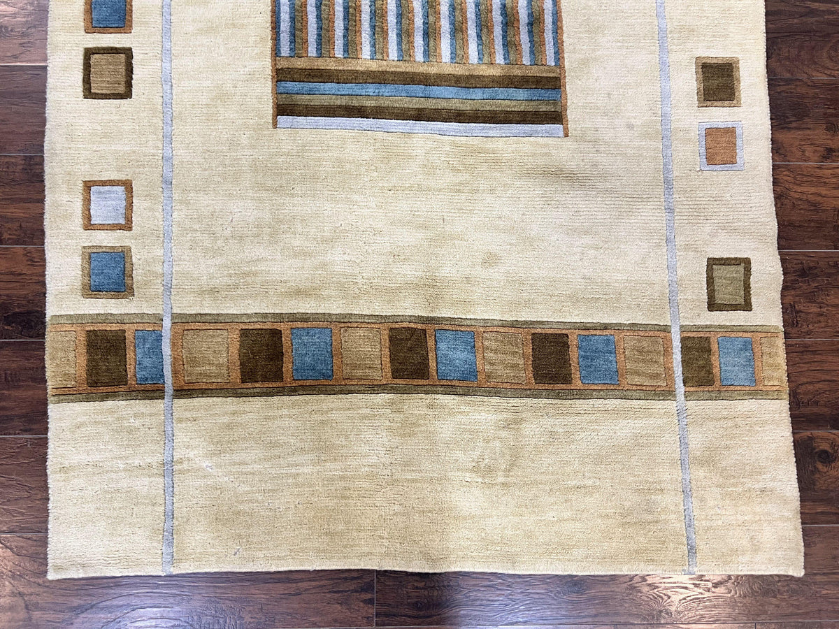 Tibetan Rug 5x8, Contemporary Rug 5 x 8 ft, Cream Brown Blue Hand-Knotted Wool w/ Silk Highlights Tibetan Carpet, Modern Rug - Jewel Rugs, view 6