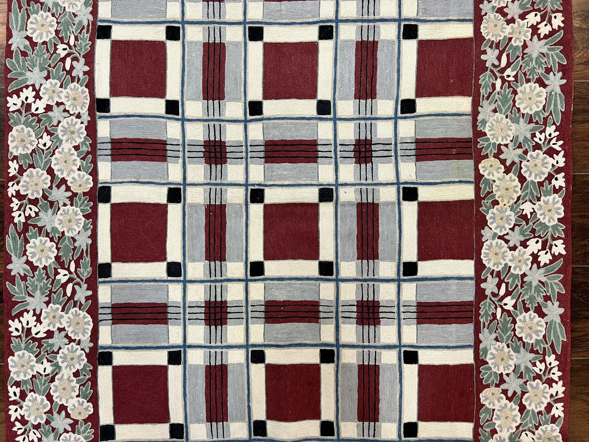 Indian Hand Stitched Rug 4x6, Vintage Carpet, Checkerboard Floral Pattern, Maroon Ivory, Flatweave, Wool - Jewel Rugs, view 5