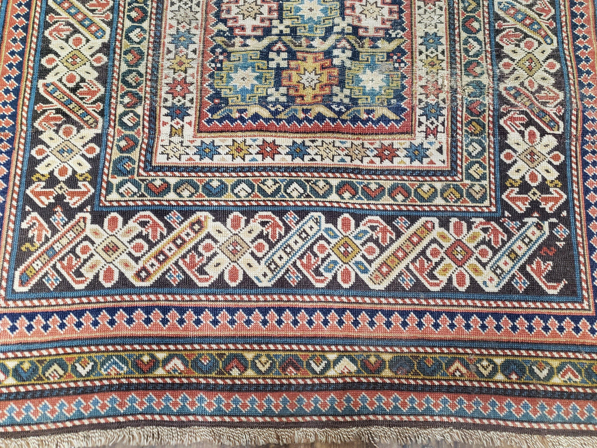 Caucasian Rug 3'9" x 5'7", Antique 1920s Collectible Caucasian Chi Chi Carpet, Hand Knotted, Colorful, Dark Blue Cream Red, Wool, Small Rug - Jewel Rugs, view 6