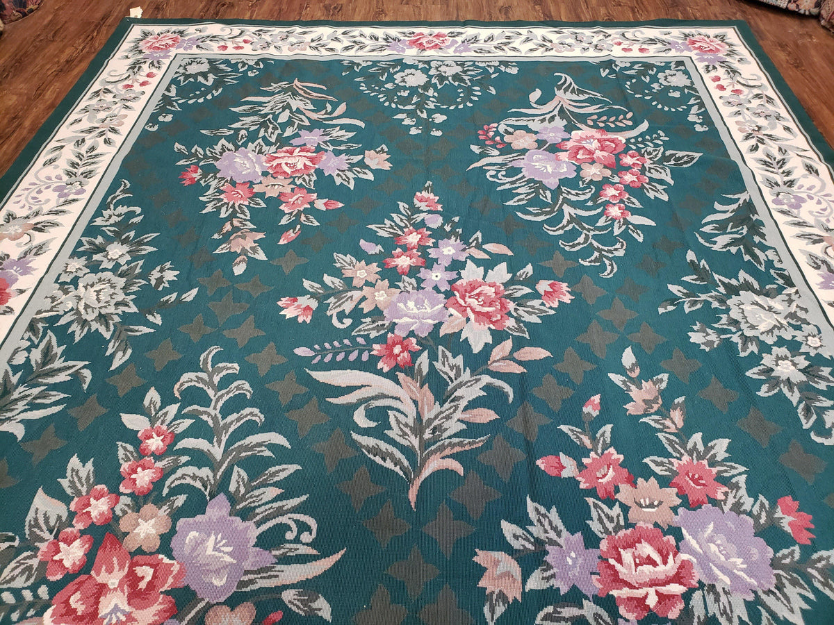 Chinese Needlepoint Rug 8x10, Vintage Green Area Rug, Hand-Woven Flatweave Floral European Design Carpet Wool Handmade 8x 10 Living Room Rug - Jewel Rugs, view 5