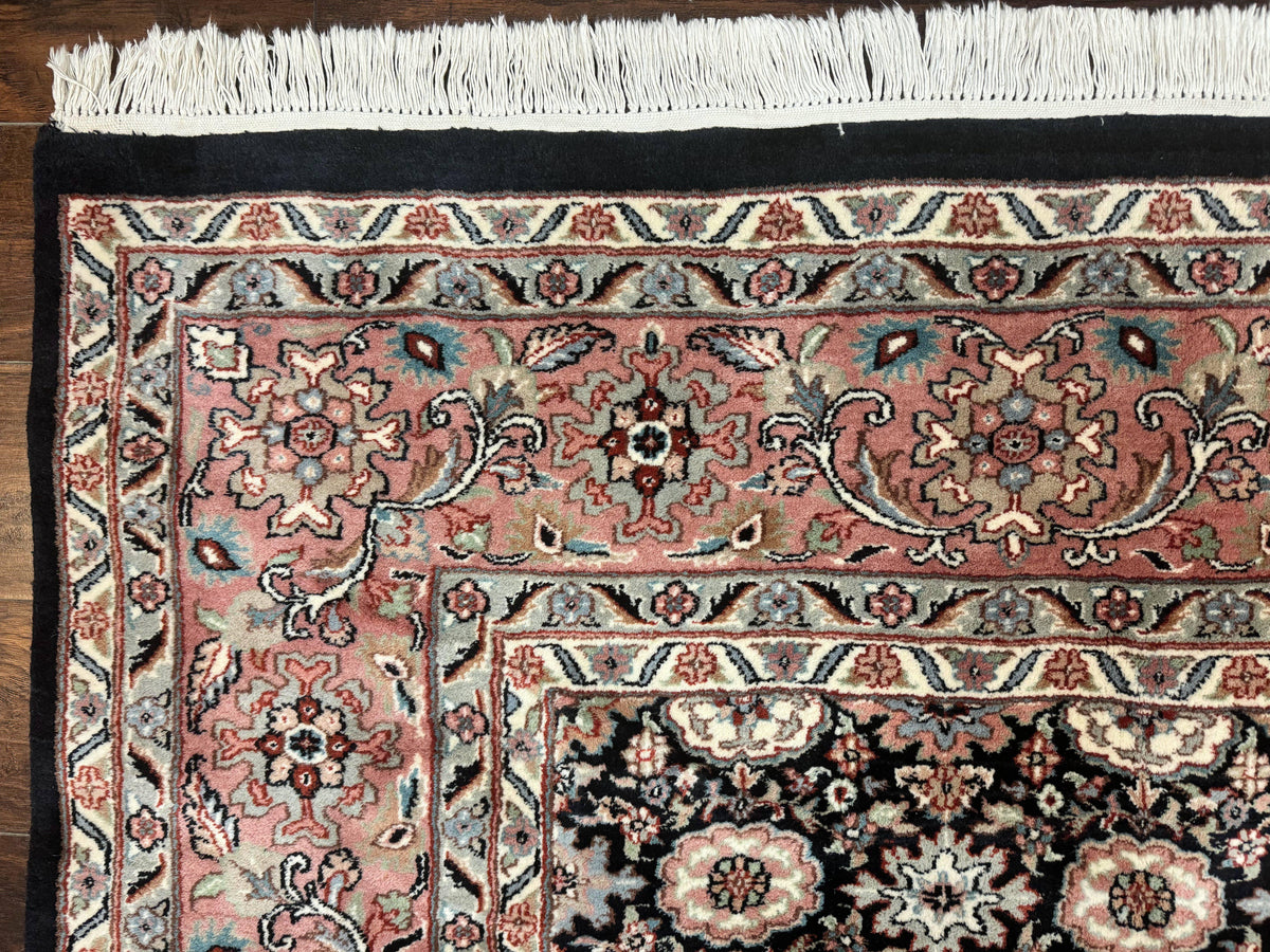 Indo Persian Rug 9x12, Vintage Handmade Wool Carpet, Repeated Allover Motif, Navy Blue and Pink - Jewel Rugs, view 7