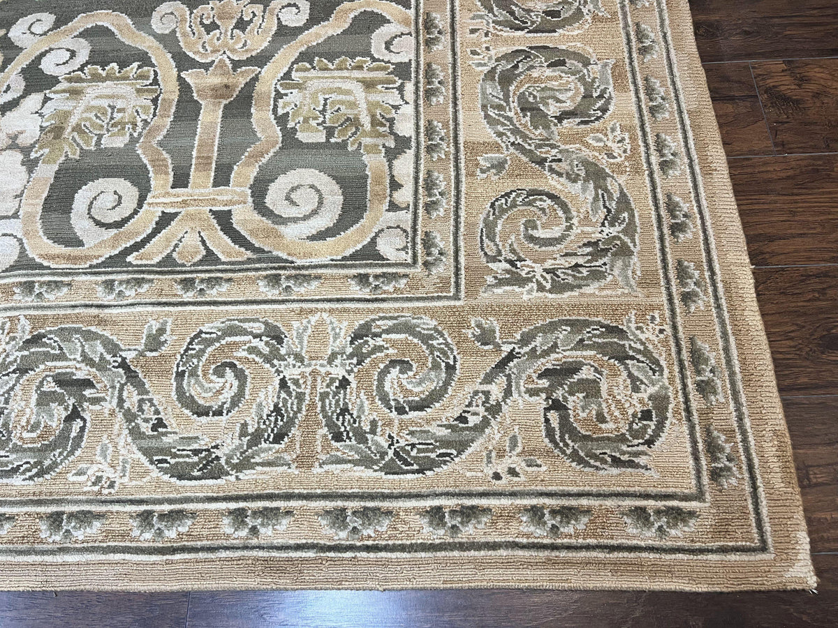 Spanish Rug 11x14, Wool Hand Knotted Vintage Carpet, Olive Green and Beige, Floral Allover, European Design, 11 x 14 Rug - Jewel Rugs, view 10