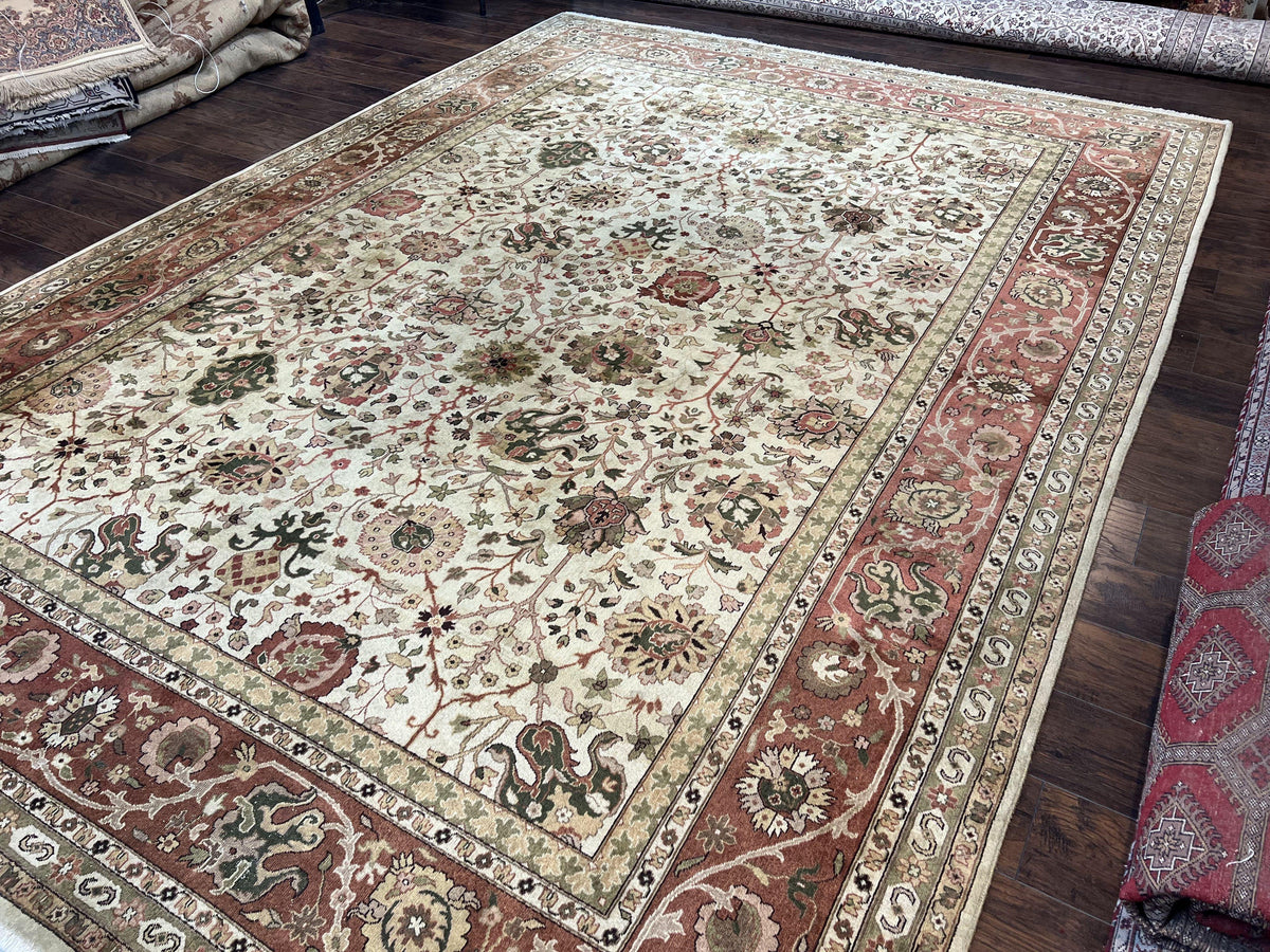 Large Indian Rug 10x14, Hand Knotted Indo Persian Gandehar Oriental Carpet, Vintage Wool Rug 10 x 14 ft Cream Red Floral Allover Traditional - Jewel Rugs, view 3