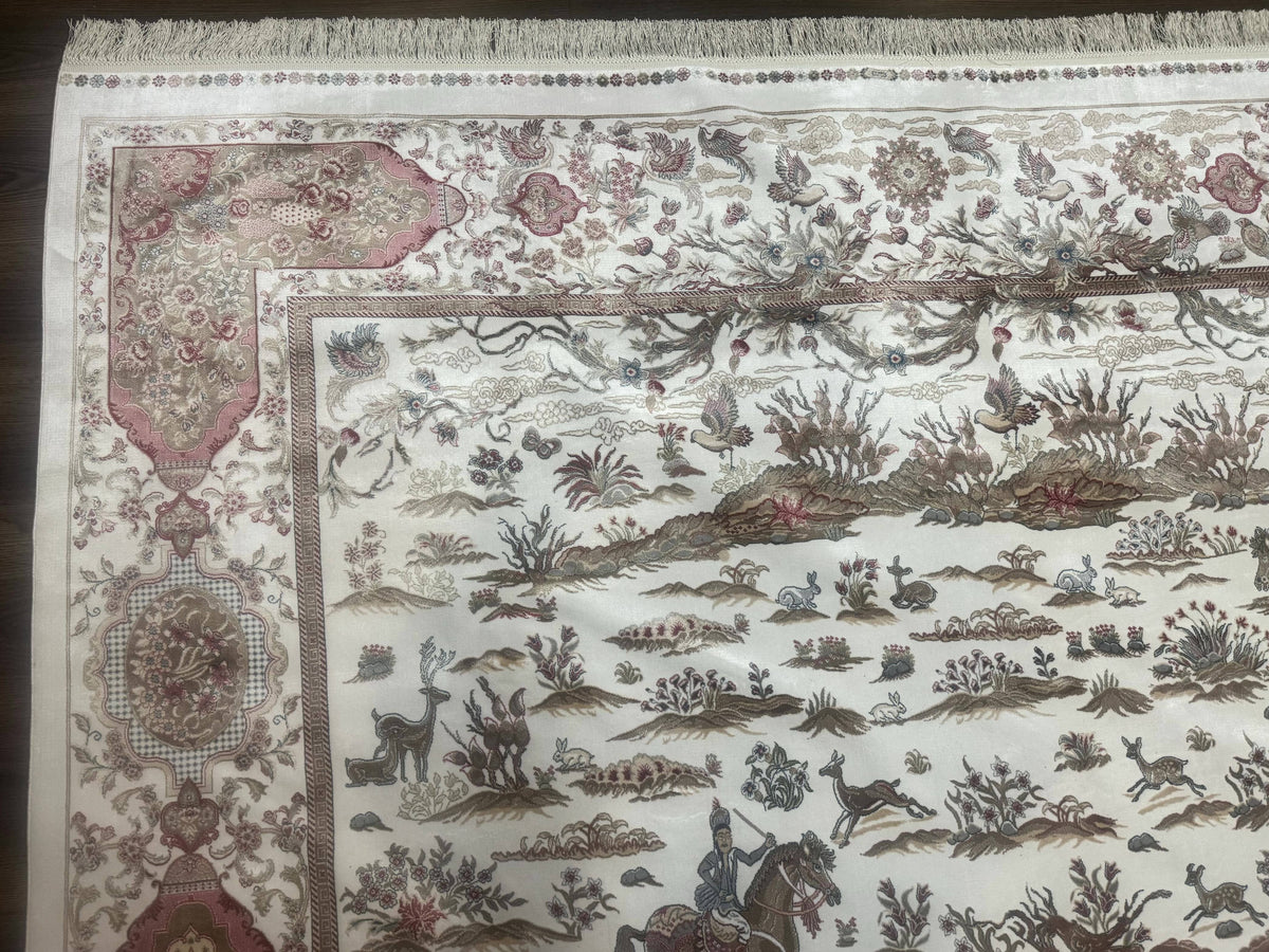 Large Turkish Silk Rug 8x10, Ivory, Hunting Design, Bamboo Silk, New - Jewel Rugs, view 7