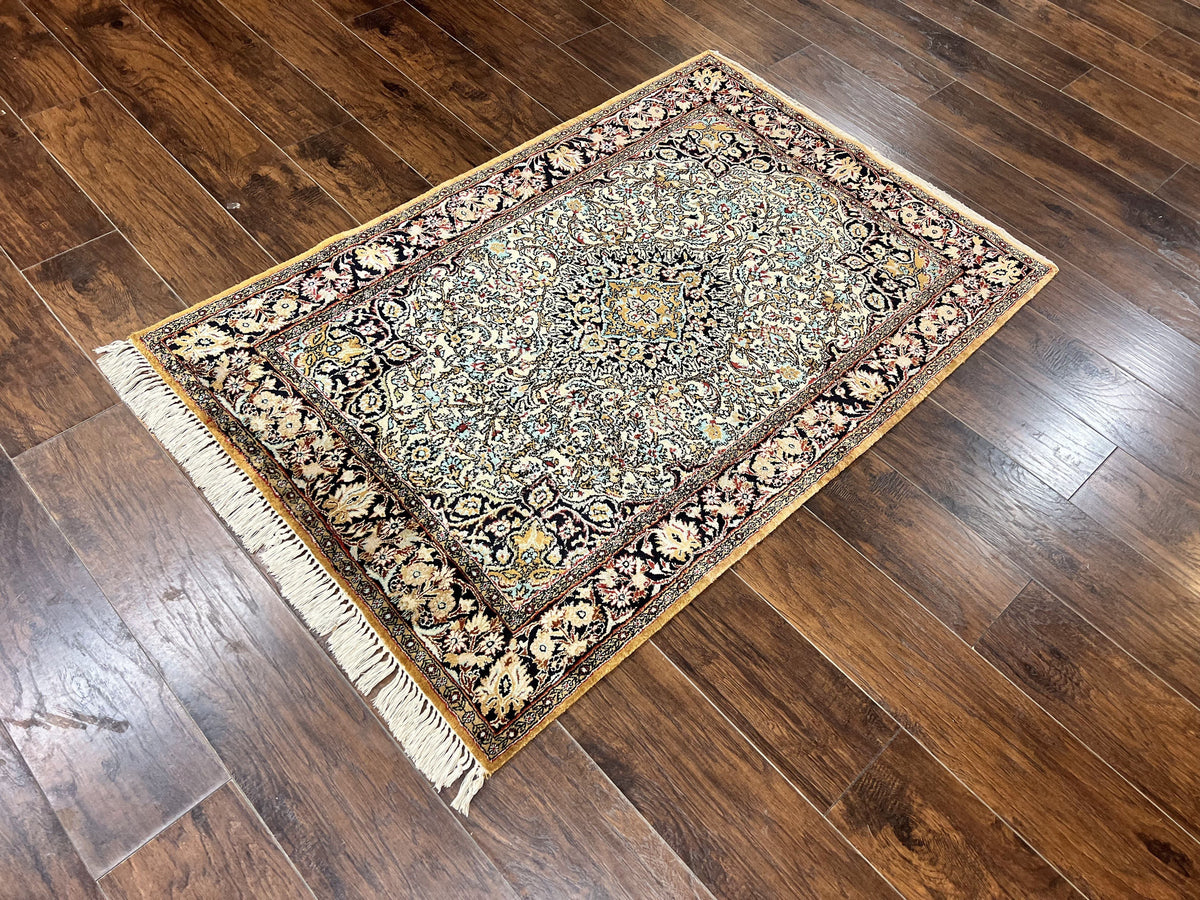 Silk Persian Qum Rug 4x5, Hand Knotted Vintage Carpet, Cream & Navy Blue, Silk Pile on Silk Foundation, Very Fine 360 KPSI - Jewel Rugs, view 13