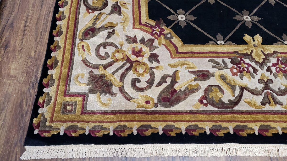 Nepal Rug 6x9, New Aubusson Nepalese Tibetan Carpet 6'1" x 8' 8", Hand-Knotted Wool, Unused, Black & Cream, Savonnerie Pattern, Soft Pile - Jewel Rugs, view 9