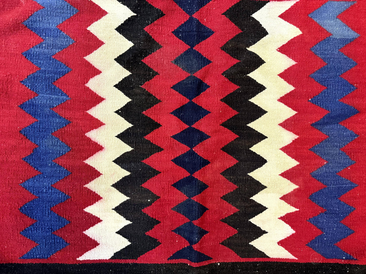 Antique Navajo Rug 3.7 x 2.8, Red Ivory Blue, Zig Zag Pattern, Handmade, Wool - Jewel Rugs, view 4