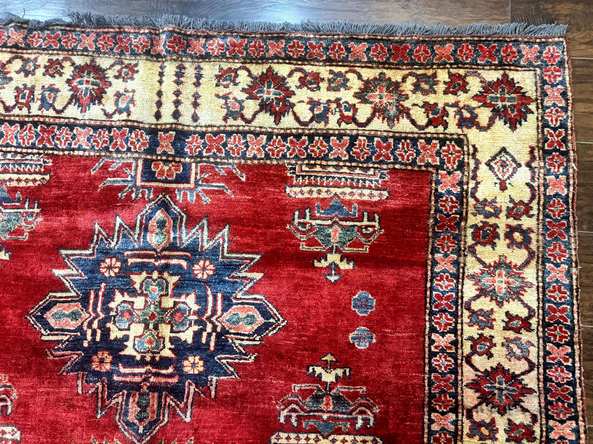 Square Turkish Rug 6x6, Azerbaijani Azeri Turkish Armenian Rug, Red Tan Blue, Geometric, Wool Carpet - Jewel Rugs, view 8