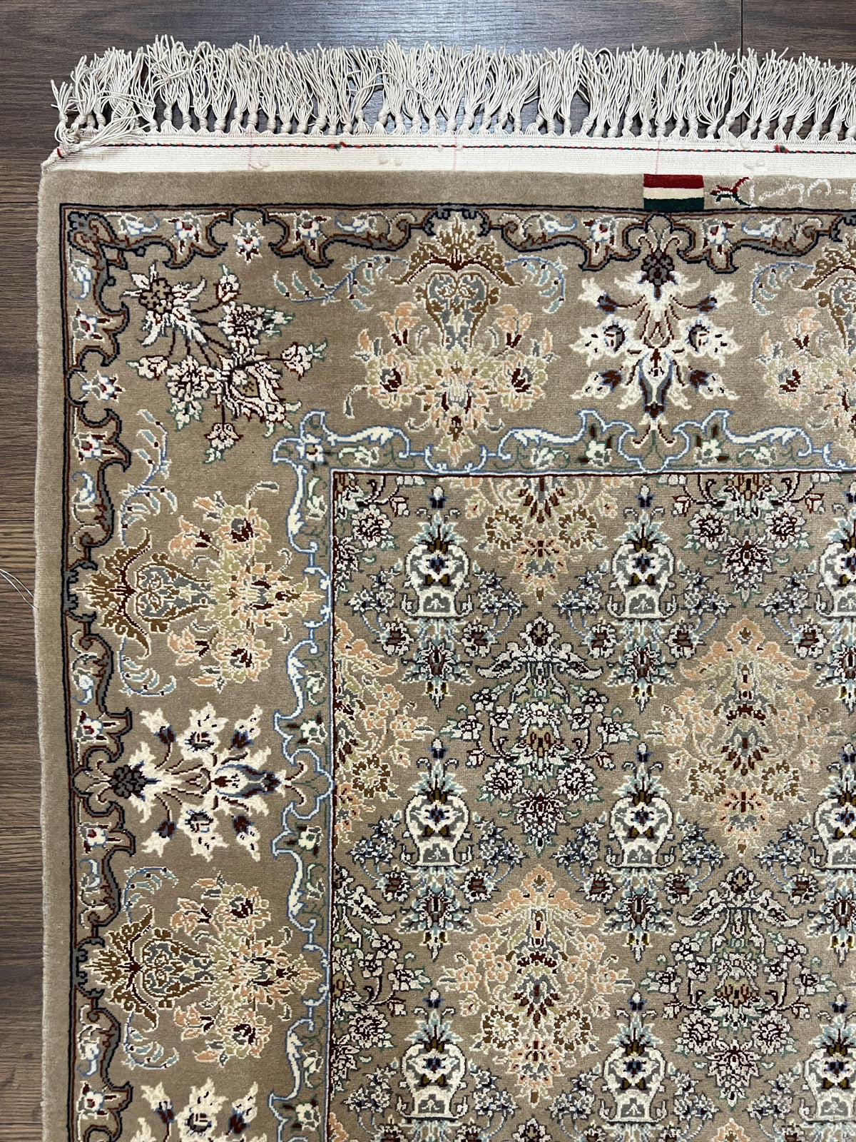 Super Fine Persian Isfahan Rug 3x5 ft, Kork Wool on Silk Foundation, Repeated Floral Motif, Taupe Tan Hand Knotted Oriental Carpet 3 x 5 ft, Signed - Jewel Rugs, view 4