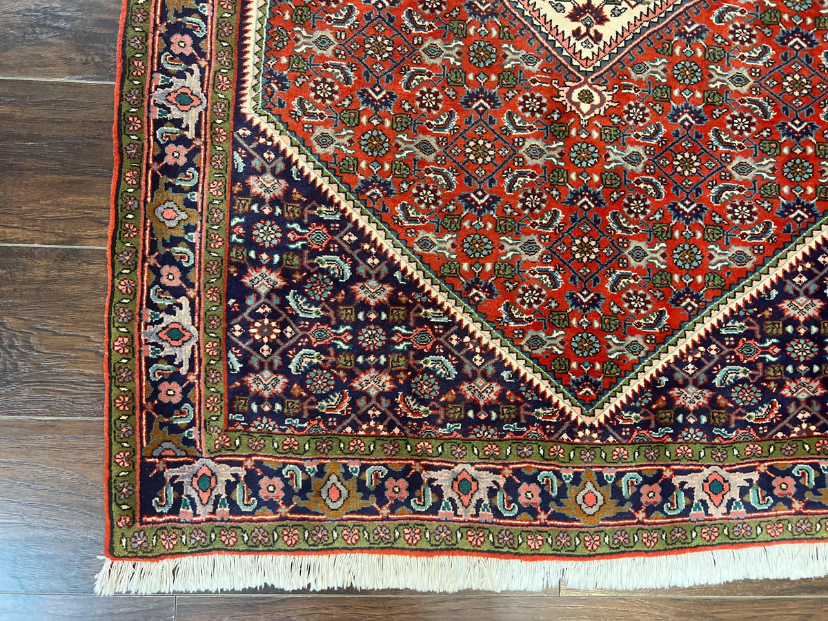 Persian Bidjar Rug 4x5, Finely Hand Knotted Vintage Carpet, Red and Navy Blue, Handmade Wool Rug, 180 KPSI - Jewel Rugs, view 9