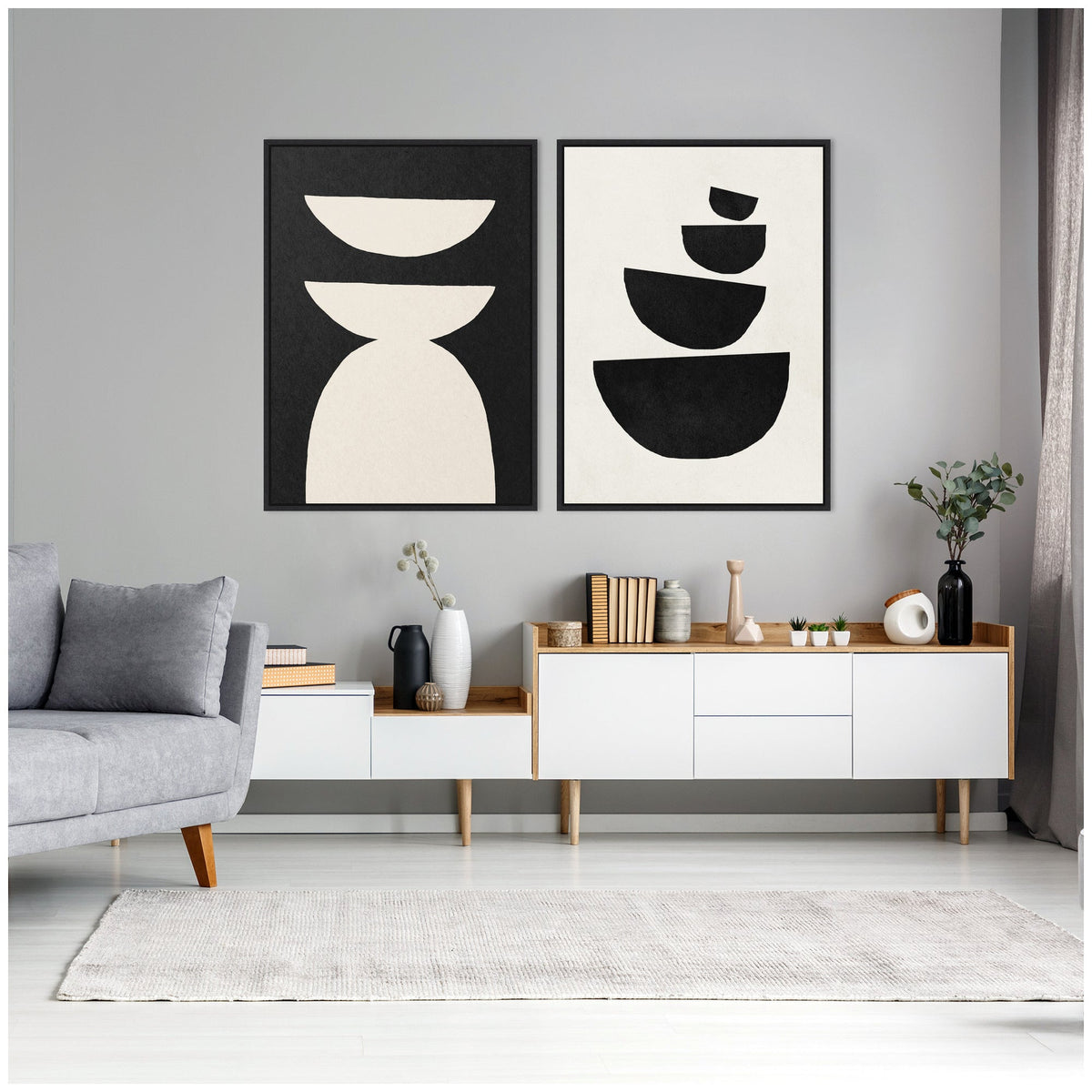 Sylvie White Geometric Abstract and Black Geometric Abstract Framed Canvas Art Set by July Art Prints