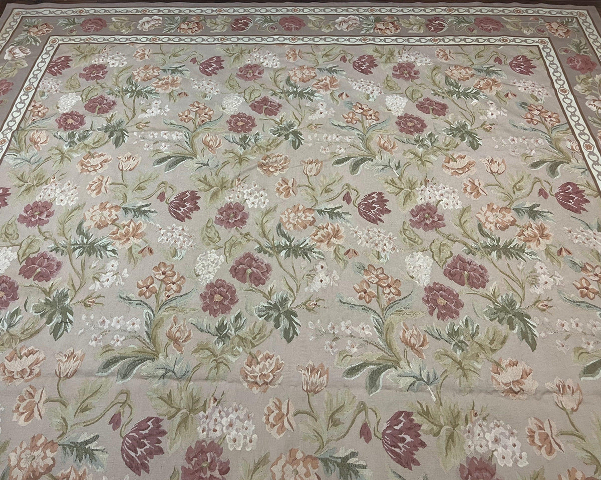 Aubusson Rug 9x12, Pink Beige Light Mauve, Handmade Allover Floral Roses, Wool Flatweave Carpet 9 x 12 ft, European French Design, Elegant - Jewel Rugs, view 13
