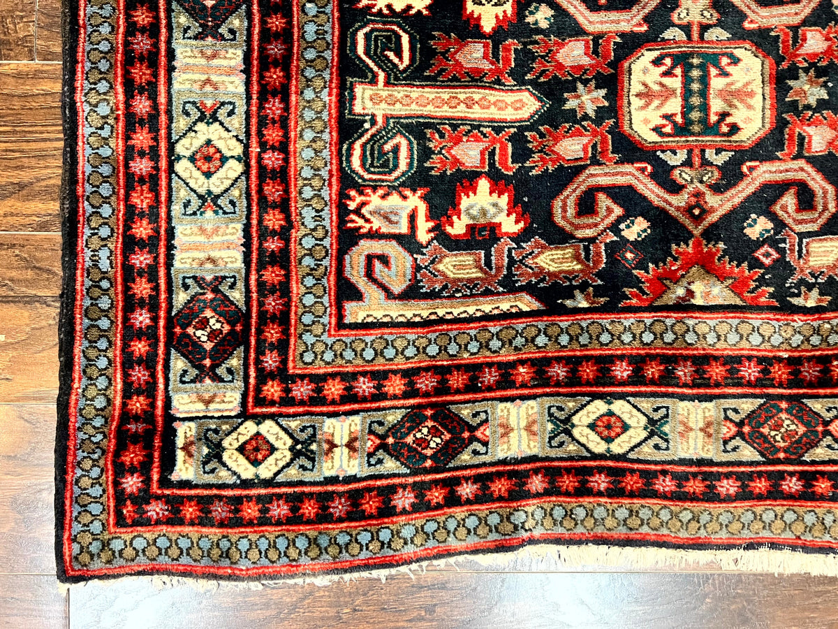 Persian Wide Runner Rug 4.8 x 10, Persian Kalegi Ardabil Rug, Perpedil Caucasian Rug, Antique Handmade Wool Carpet, Navy Blue Red, Tribal Rug - Jewel Rugs, view 8