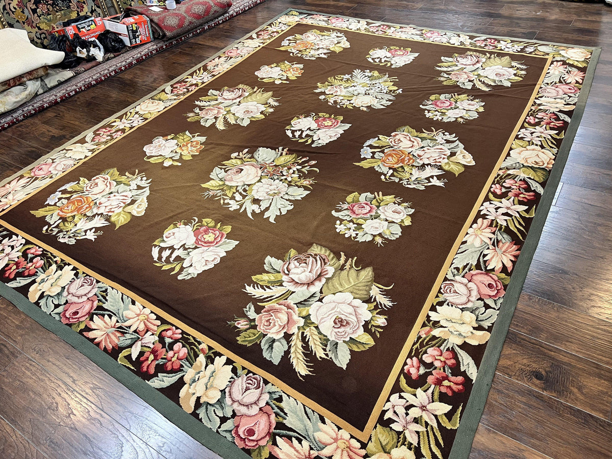 Vintage Needlepoint Rug 9x12, Large Handmade Hand-woven Needlepoint Carpet, Brown Area Rug, Floral Bouquets, Wool Rug, European Design - Jewel Rugs, view 3