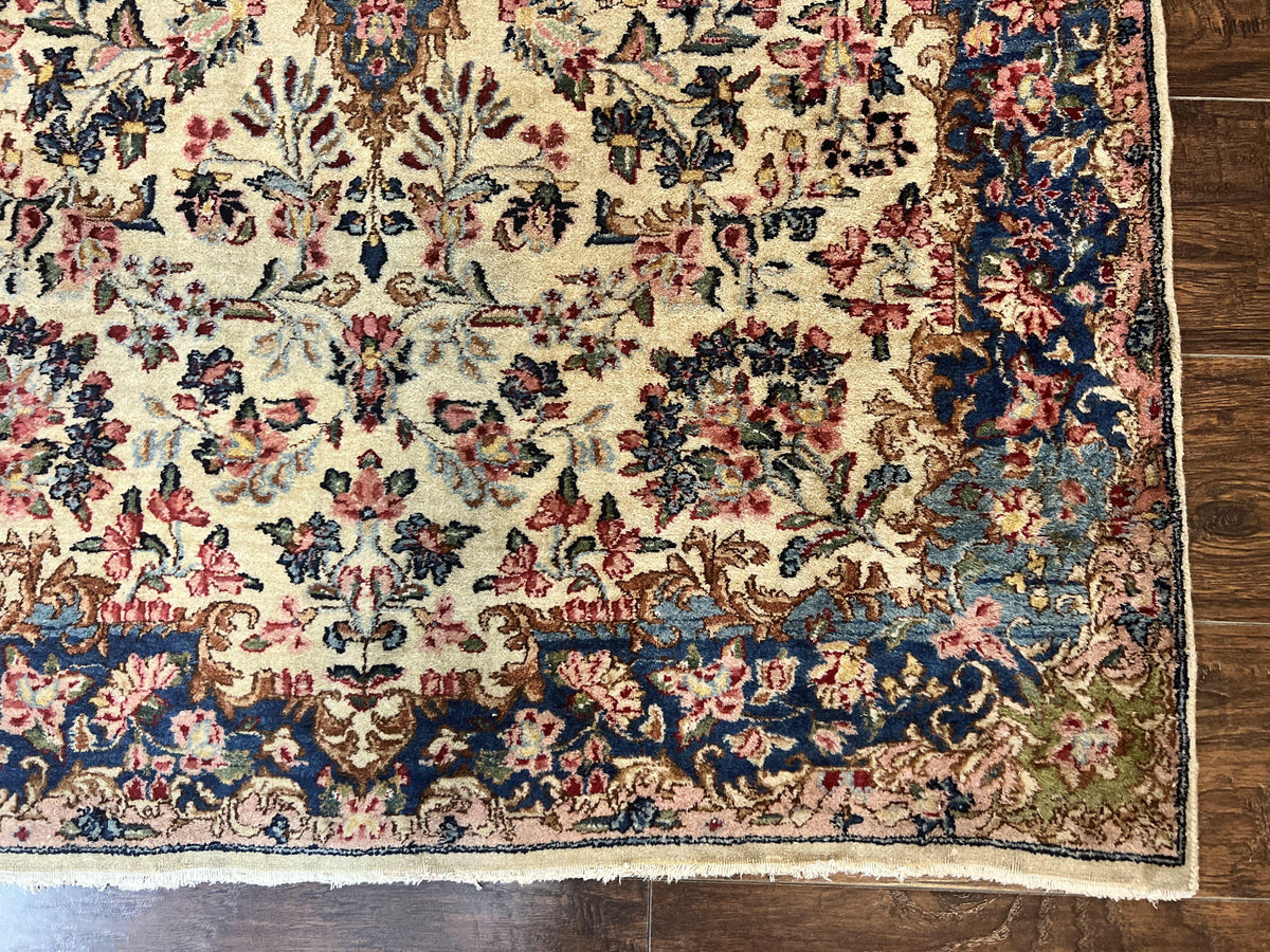 Antique Persian Kirman Rug 4x7, Cream and Navy Blue, Hand Knotted Wool Floral Carpet - Jewel Rugs, view 10