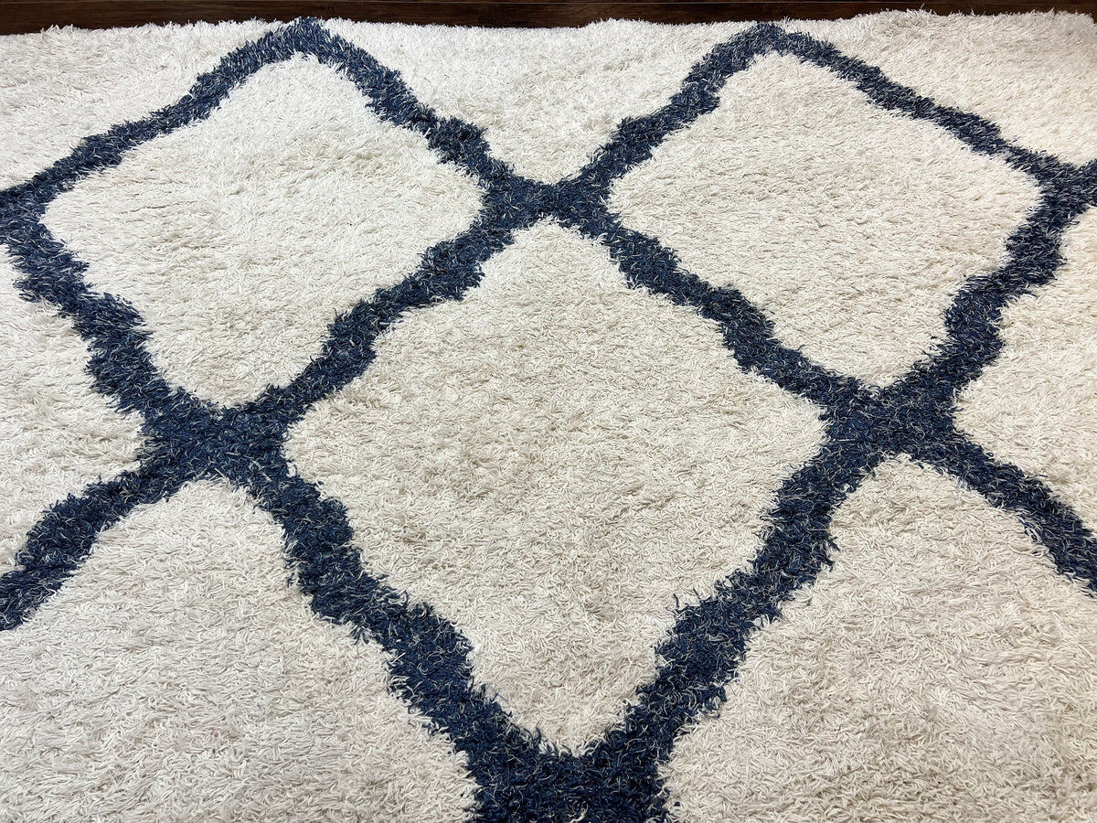 Modern Shag Rug 9x12, Ivory and Dark Blue, Diamond Pattern, Soft, Room Sized, Contemporary Rug, Plush - Jewel Rugs, view 3