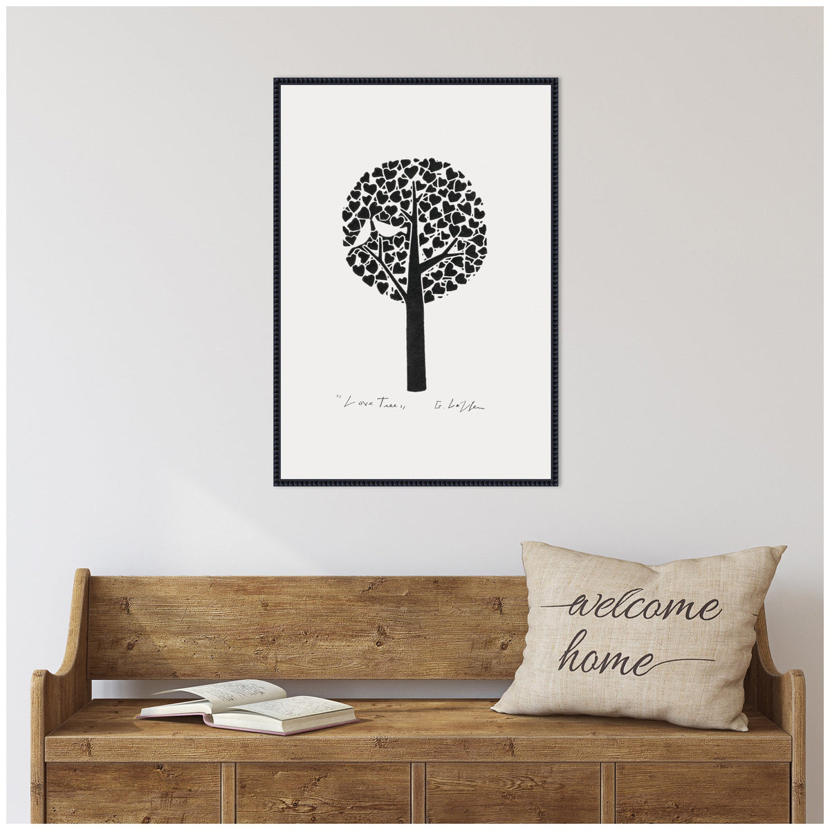 Sylvie Black and White Love Tree Linocut Framed Canvas by Giuliana Lazzerini