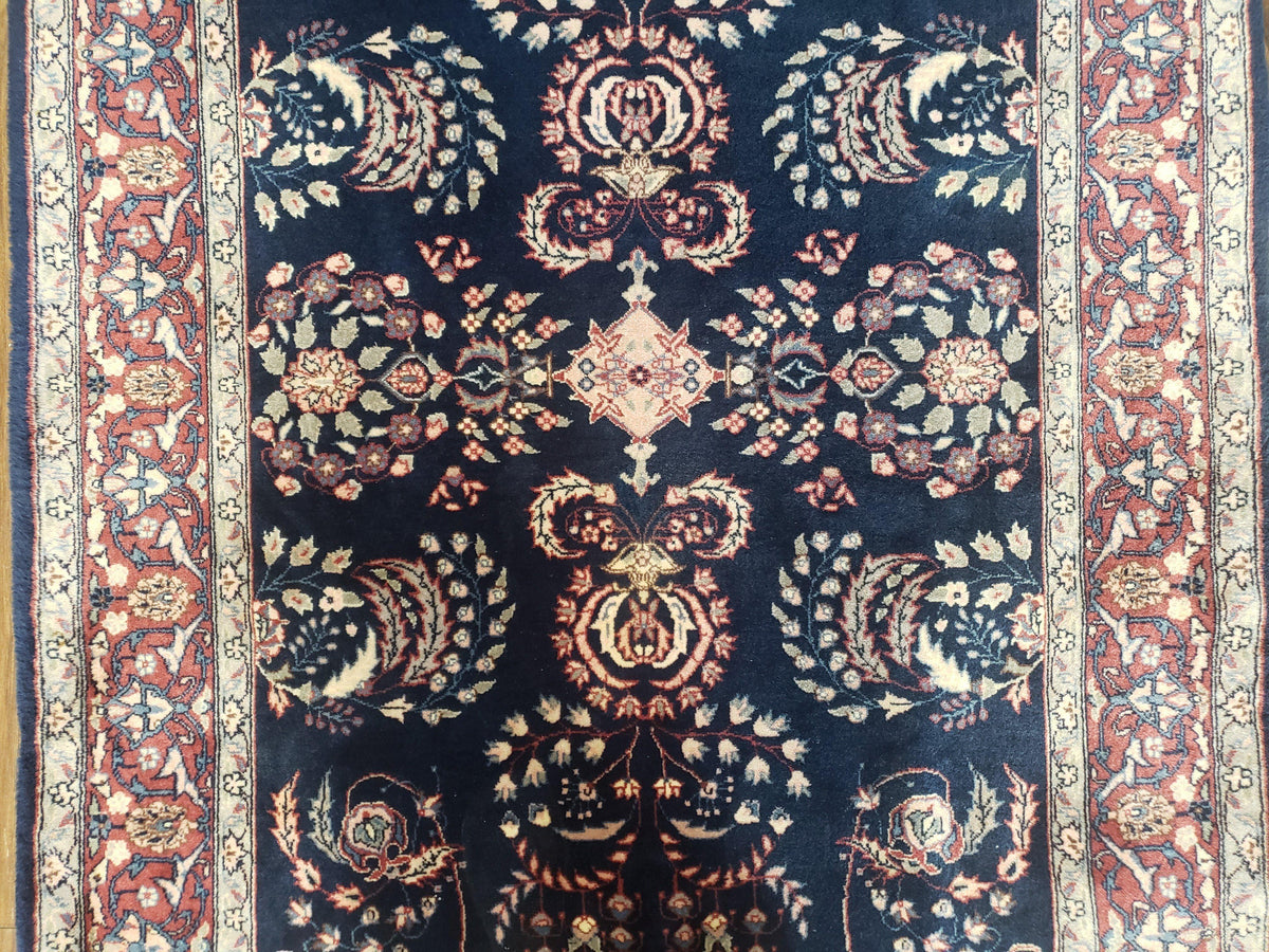 Dark Blue Indo Persian Rug 4x6, Medium Size Hand Knotted Oriental Carpet, Traditional Floral Indian Rug, Blue and Red Entryway Rug, Wool Rug - Jewel Rugs, view 5