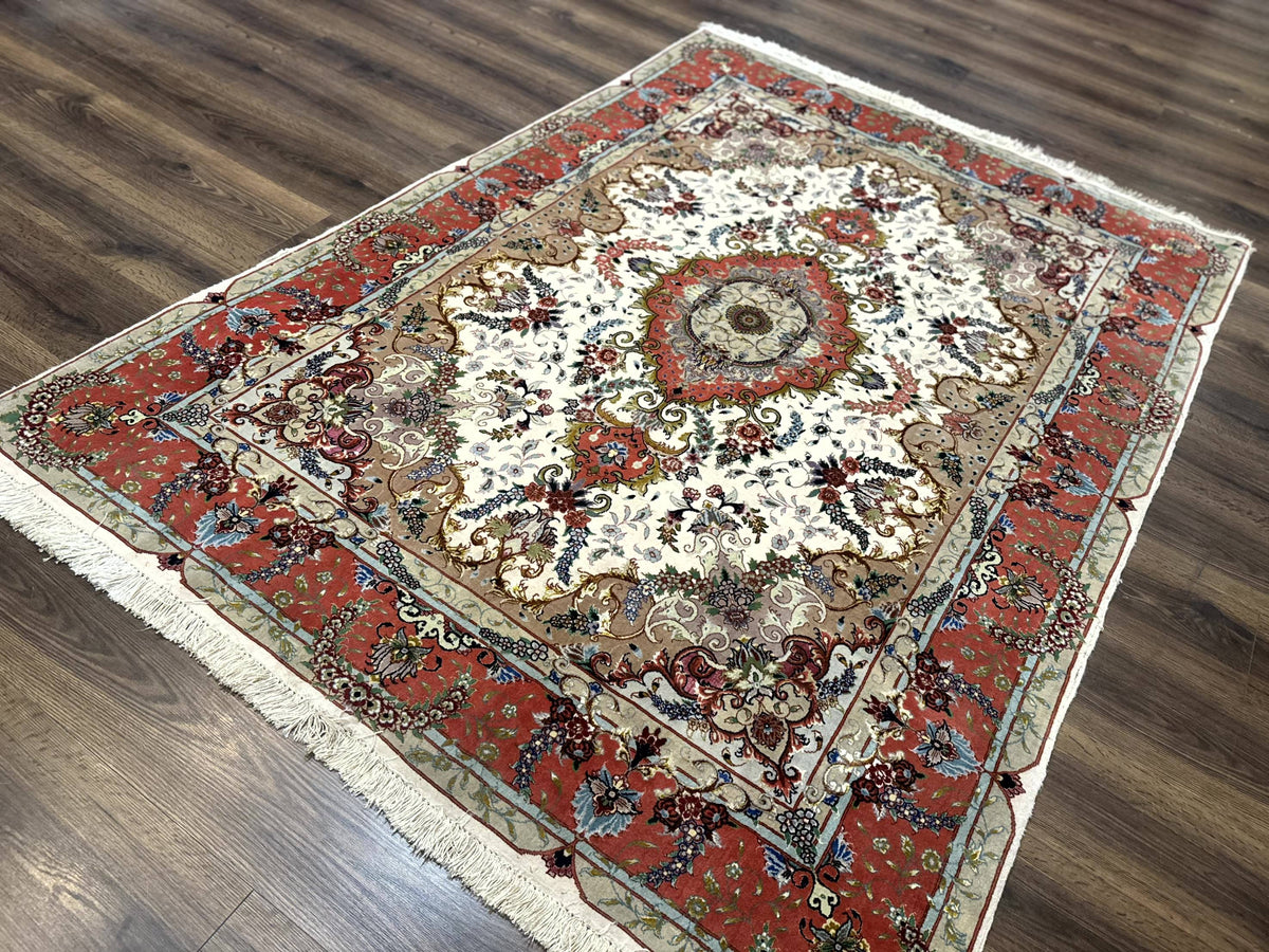 Wonderful Persian Tabriz Rug 5x7, Very Fine 440 KPSI, Ivory and Coral, Rare - Jewel Rugs, view 3