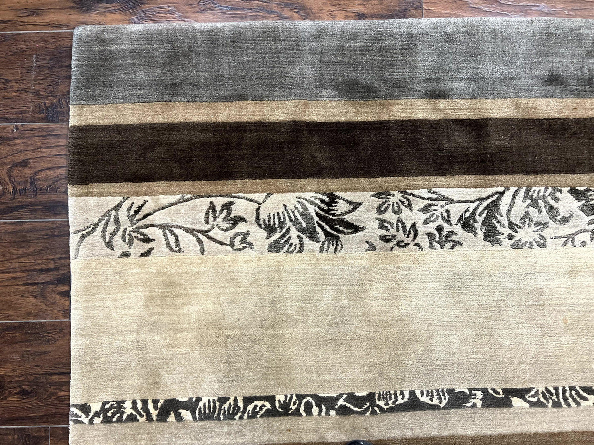 Modern Tibetan Nepali Rug 8x12, Stripe Pattern, Wool with Silk Highlights, Handmade, Beige Tan Brown - Jewel Rugs, view 7