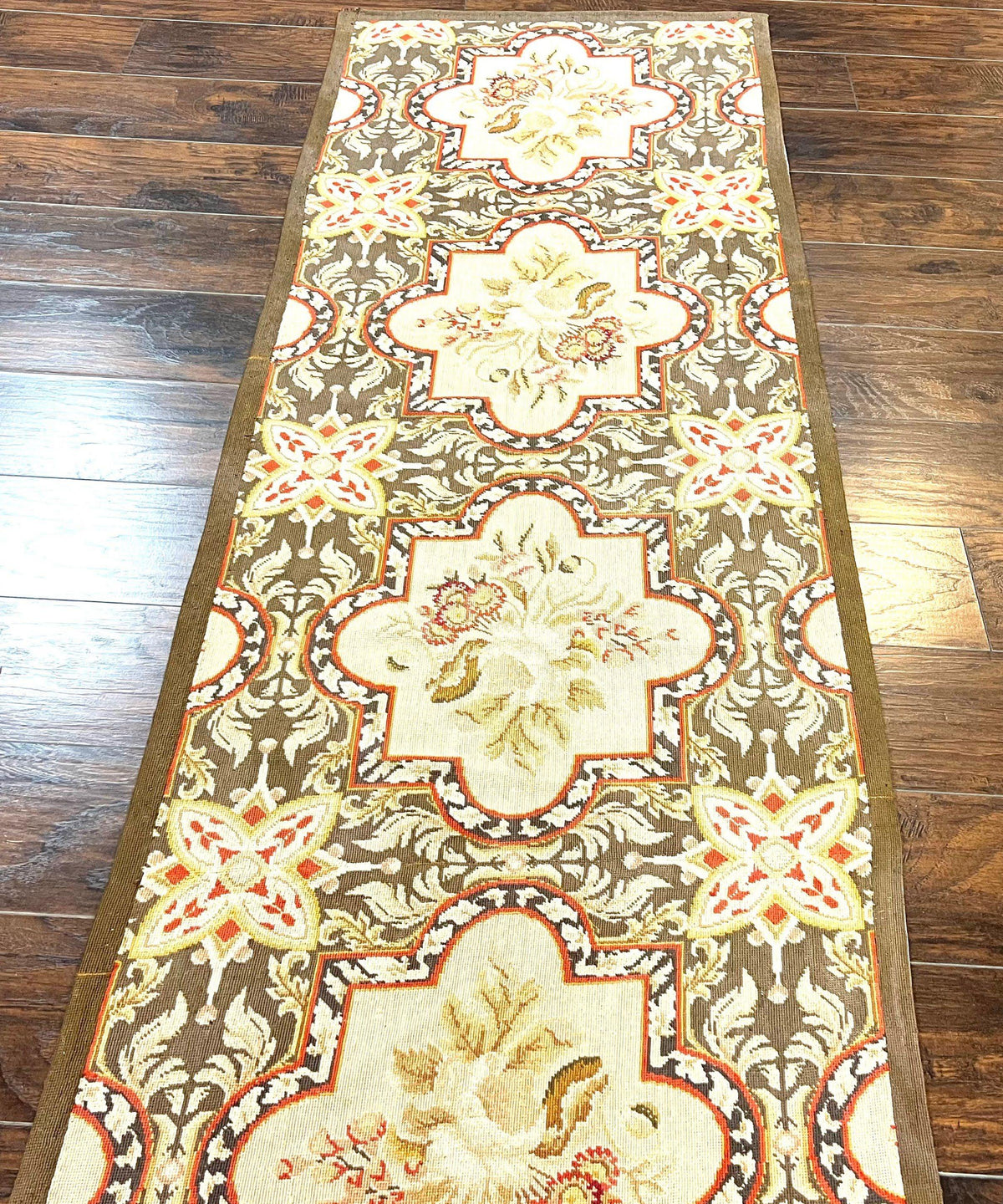 Needlepoint Runner Rug 2.8 x 9.8, Brown and Beige, Handwoven Handmade Floral French European Design, Vintage Flatweave 10ft Wool Runner Rug - Jewel Rugs, view 13