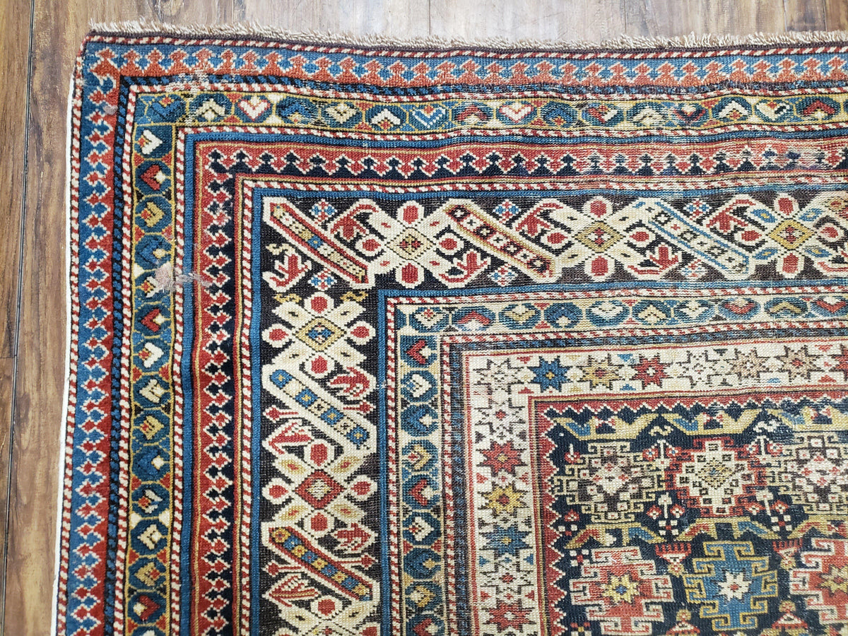 Caucasian Rug 3'9" x 5'7", Antique 1920s Collectible Caucasian Chi Chi Carpet, Hand Knotted, Colorful, Dark Blue Cream Red, Wool, Small Rug - Jewel Rugs, view 7