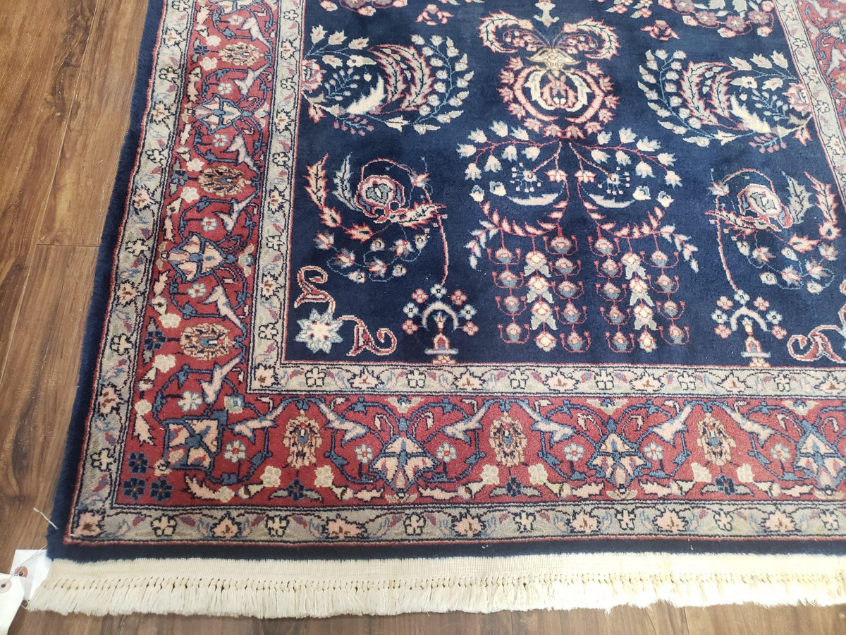 Dark Blue Indo Persian Rug 4x6, Medium Size Hand Knotted Oriental Carpet, Traditional Floral Indian Rug, Blue and Red Entryway Rug, Wool Rug - Jewel Rugs, view 9