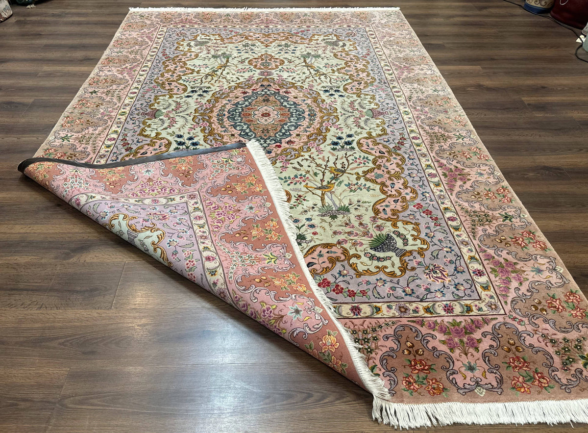 Wonderful Persian Tabriz Rug 7x10, Very Fine 330 KPSI, Light Green Light Blue Pink, Kork Wool Silk Foundation, Bird Pictorials - Jewel Rugs, view 12