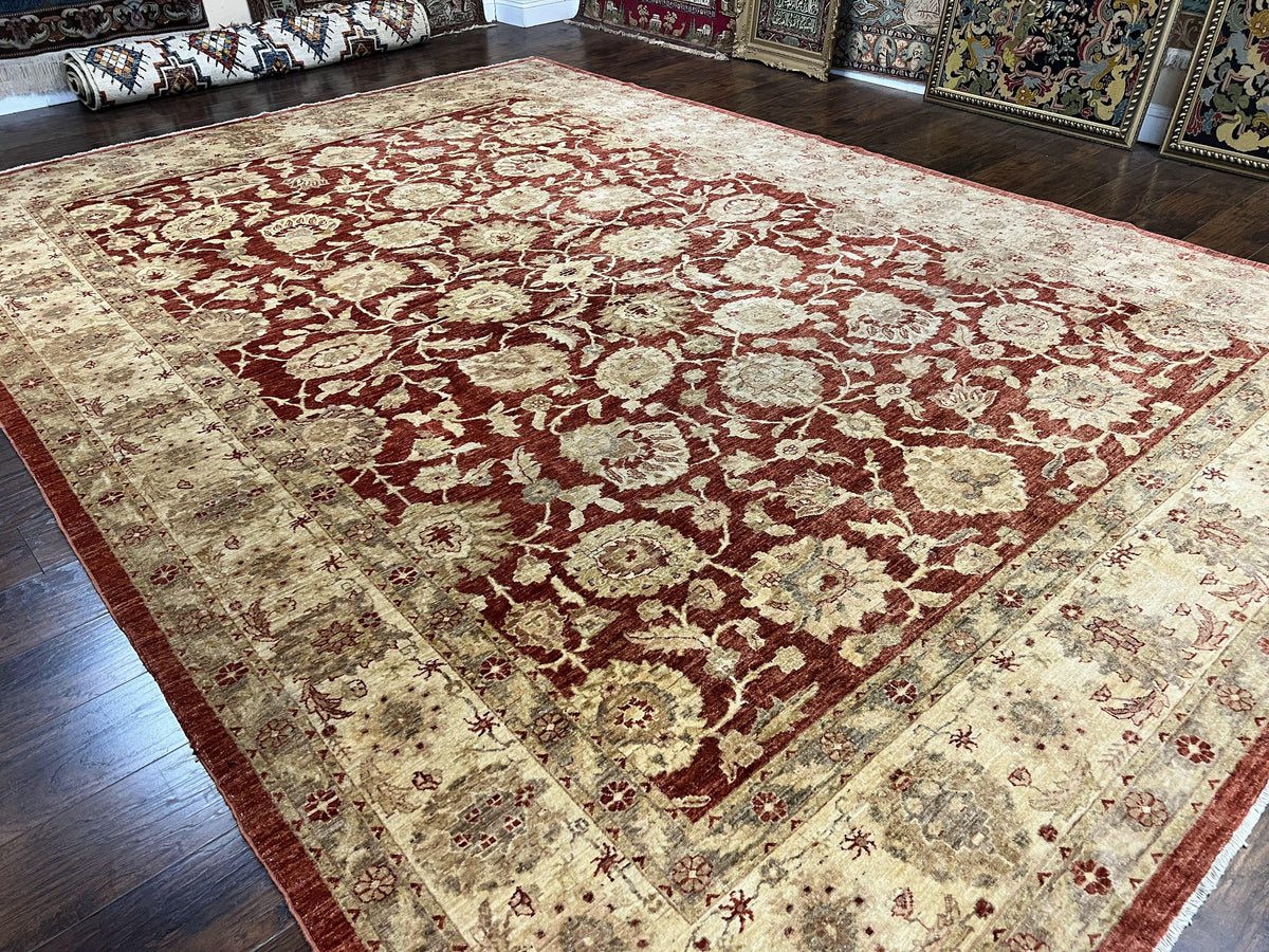 Pak Persian Rug 10x14, Sultanabad Mahal Peshawar Chobi Carpet, Large Vintage Wool Oriental Rug, Maroon & Beige, Floral Allover, Handmade - Jewel Rugs, view 13