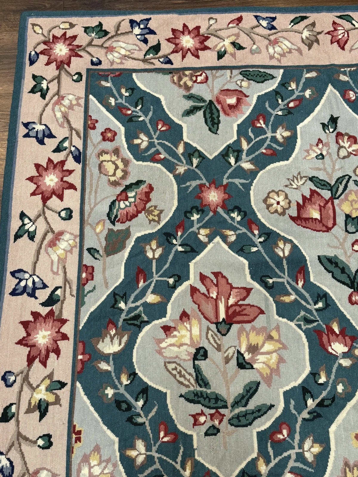 Teal Needlepoint Rug 6x9, Panel Design, Floral Bouquets, Handmade - Jewel Rugs, view 7