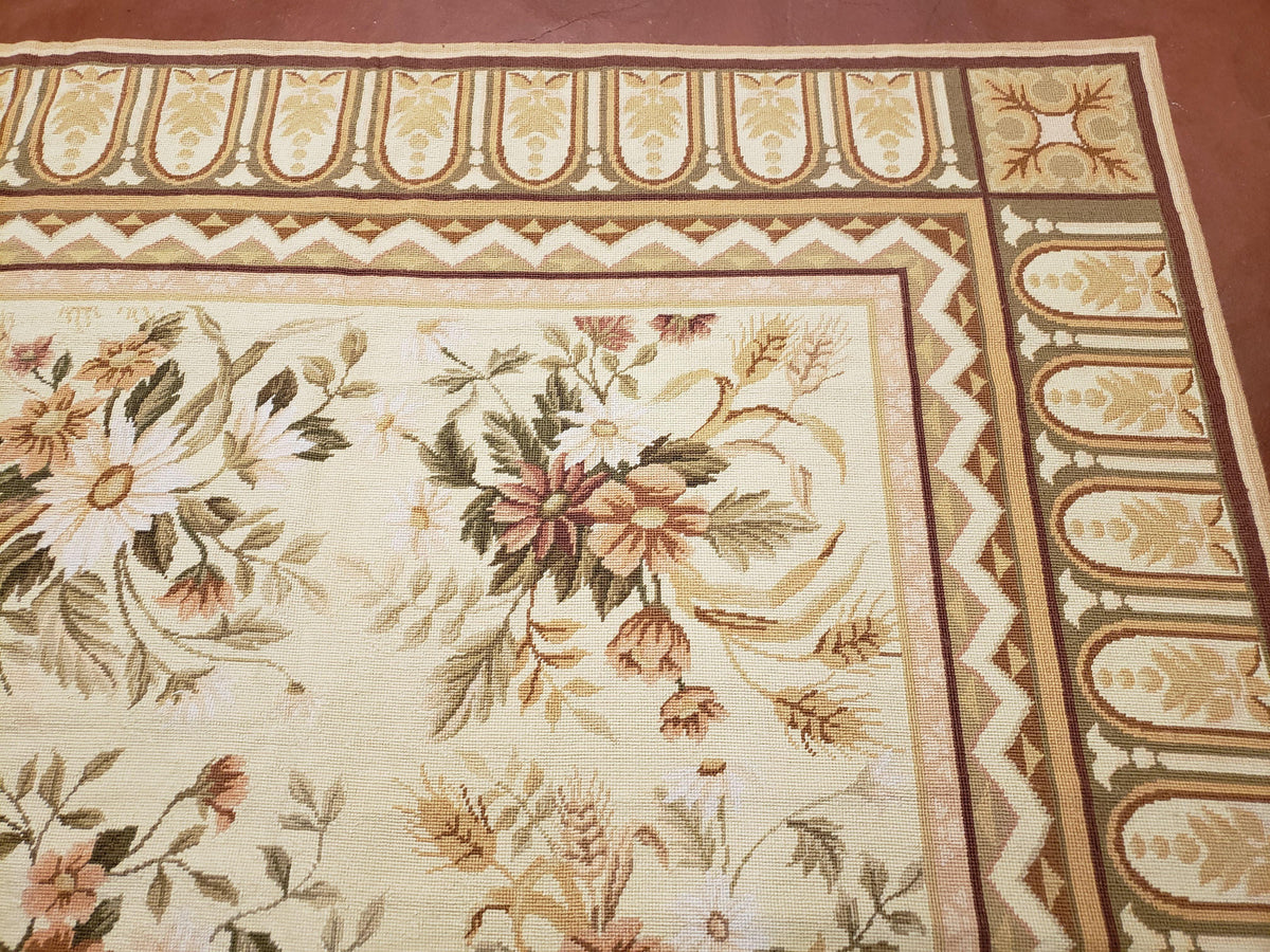 Needlepoint Rug 8x10 Aubusson Rug Victorian Floral Rug Handmade French Style French Decor Garden Panel Beige 8 x 10 Area Rug 100% Wool - Jewel Rugs, view 7